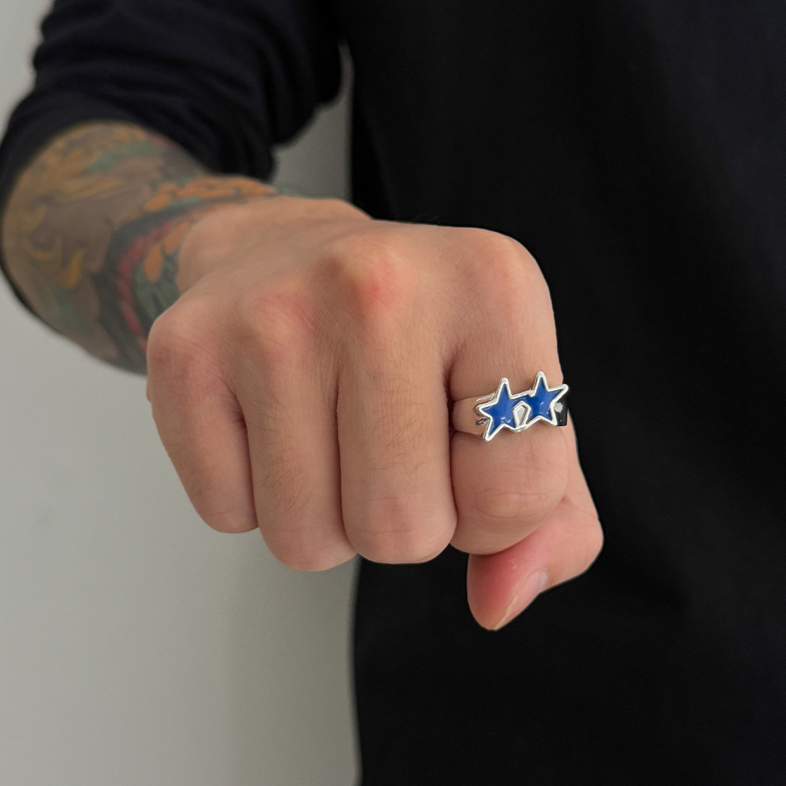 Double Star Enamel Ring (Open Cuff) - Blue