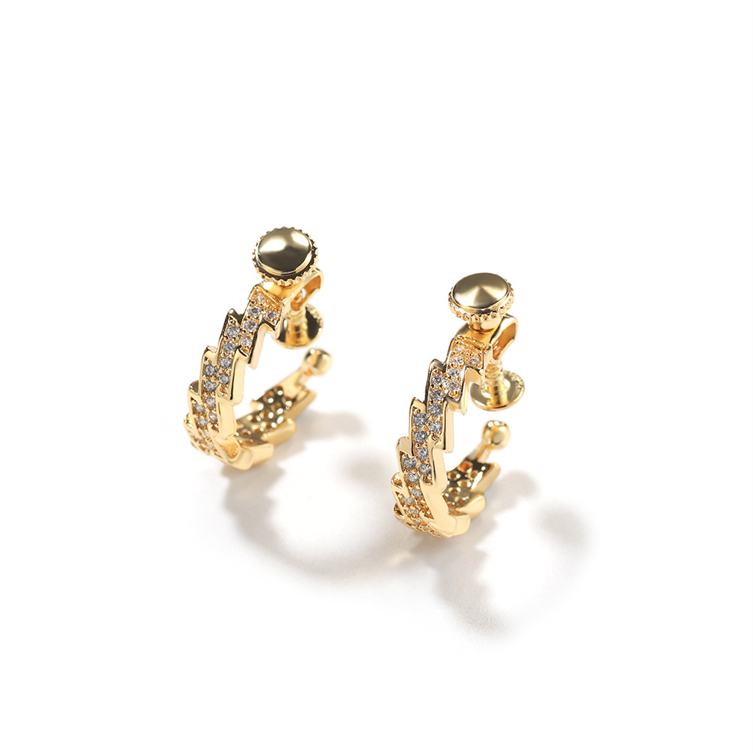Iced Lightning Screw Earrings - Gold