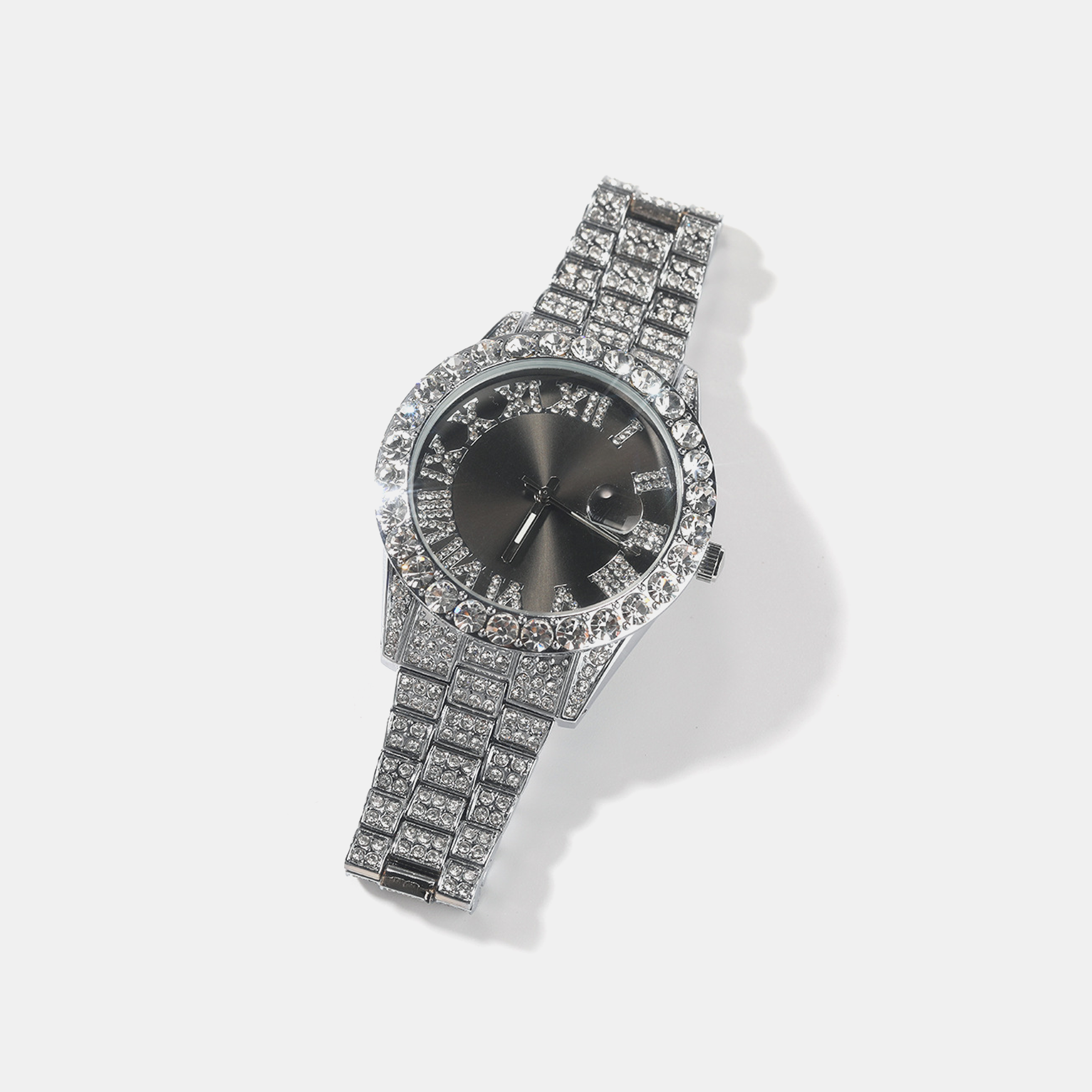 Iced Roman Numeral Hip Hop Quartz Watch – White Black