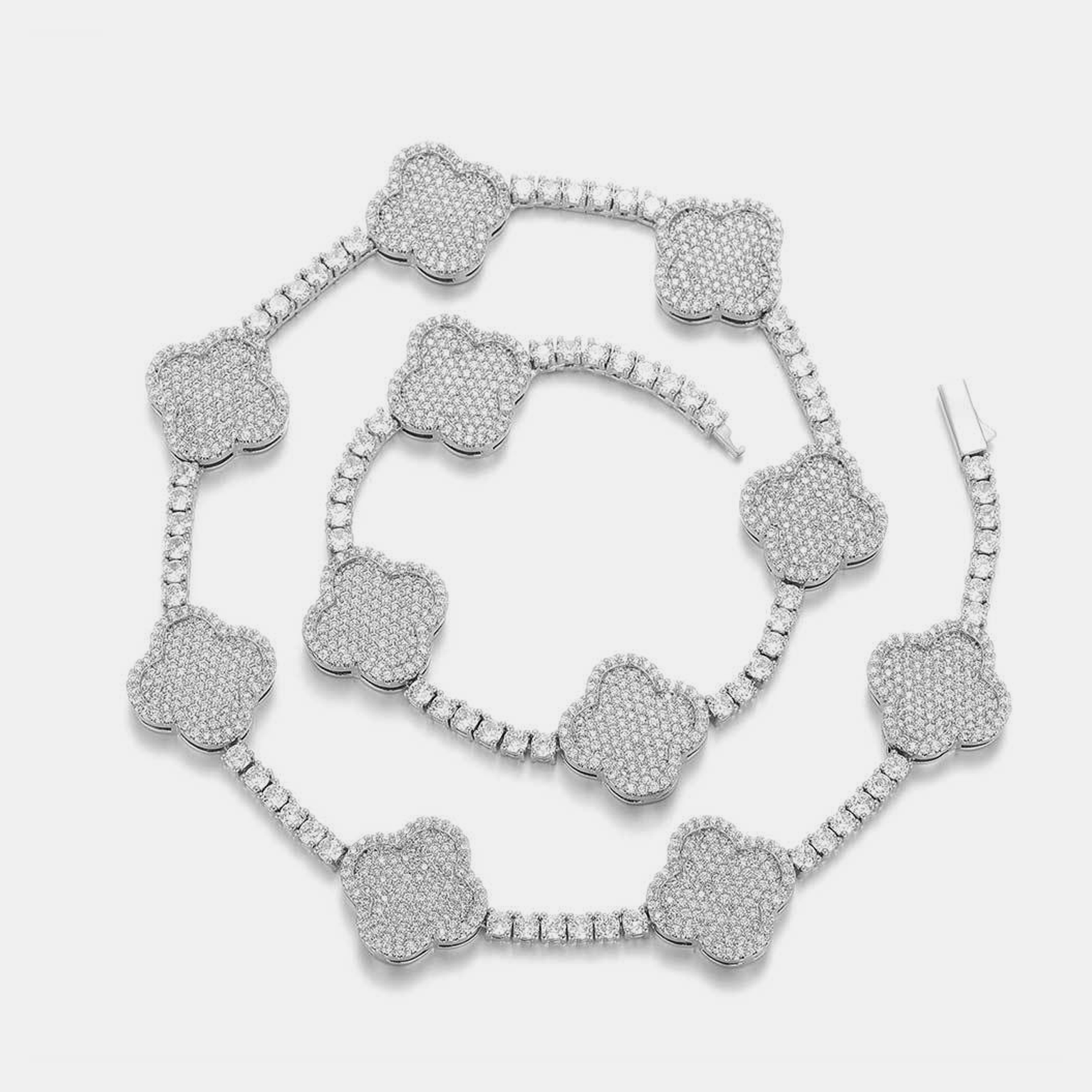 12mm Clover Tennis Link Chain - White Gold