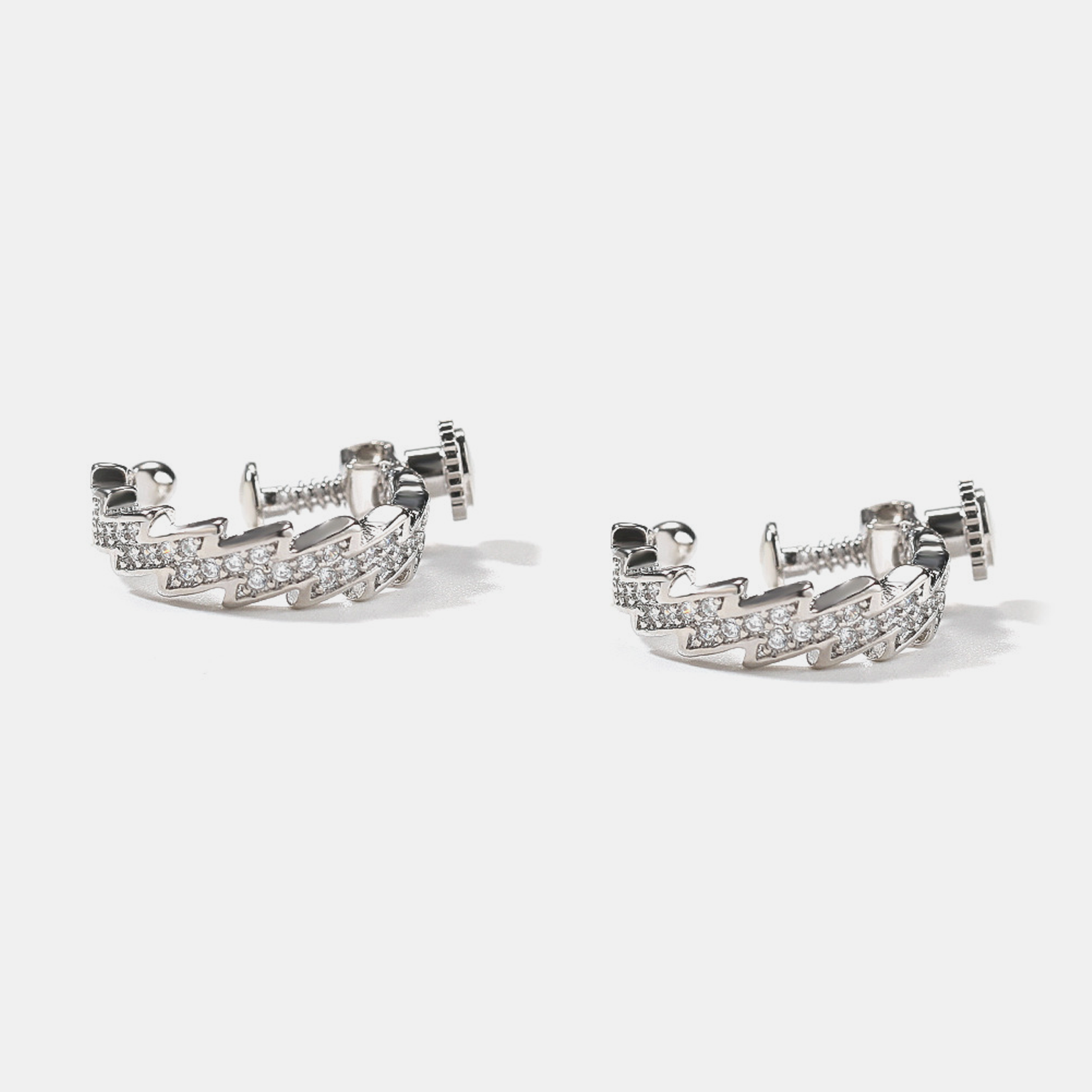 Iced Lightning Screw Earrings - White Gold