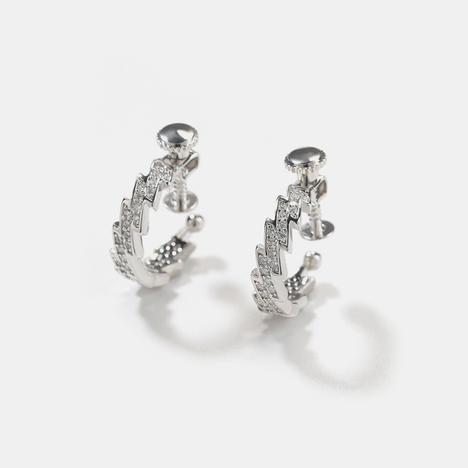 Iced Lightning Screw Earrings - White Gold