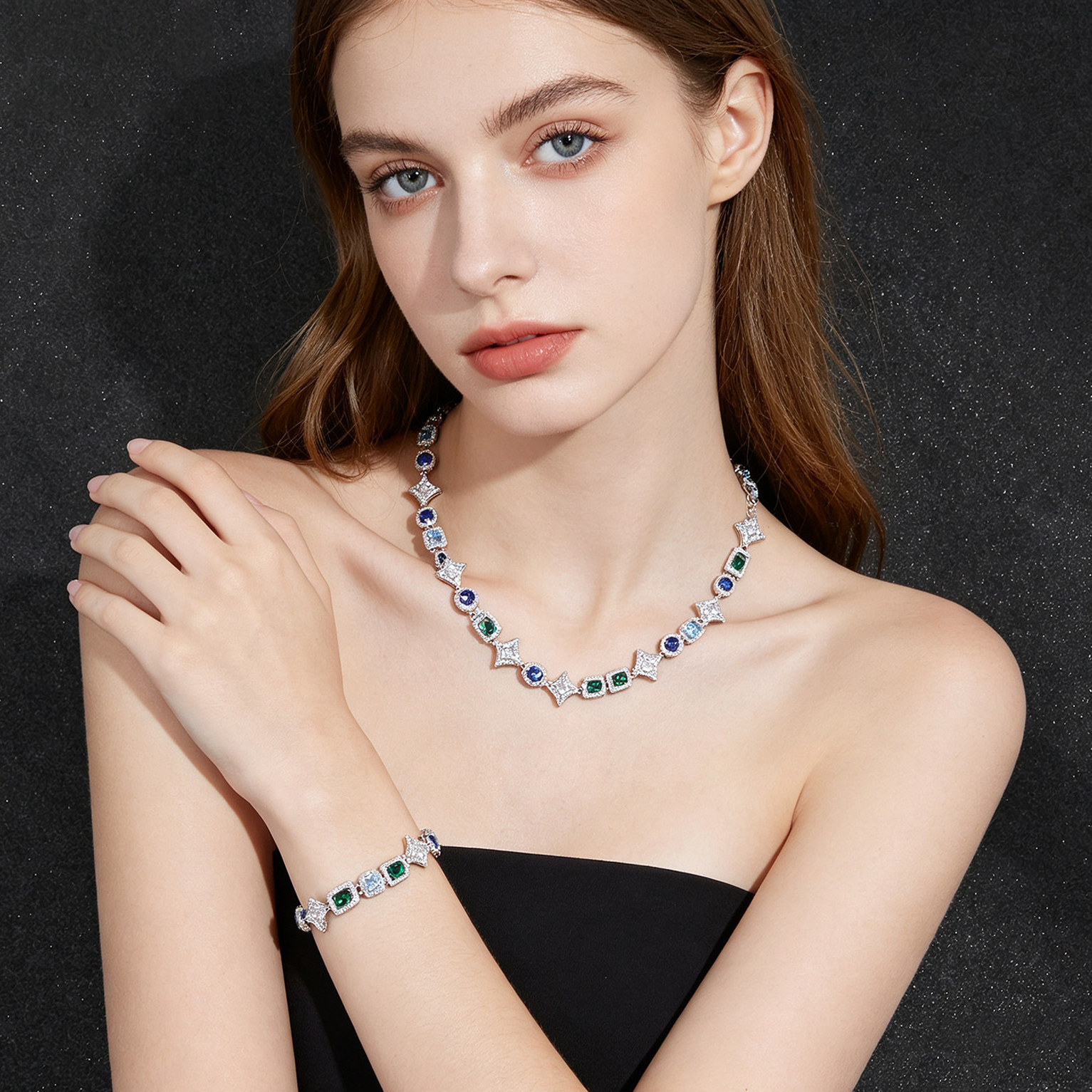 Emerald & Sapphire Tennis Link Bracelet - White Gold