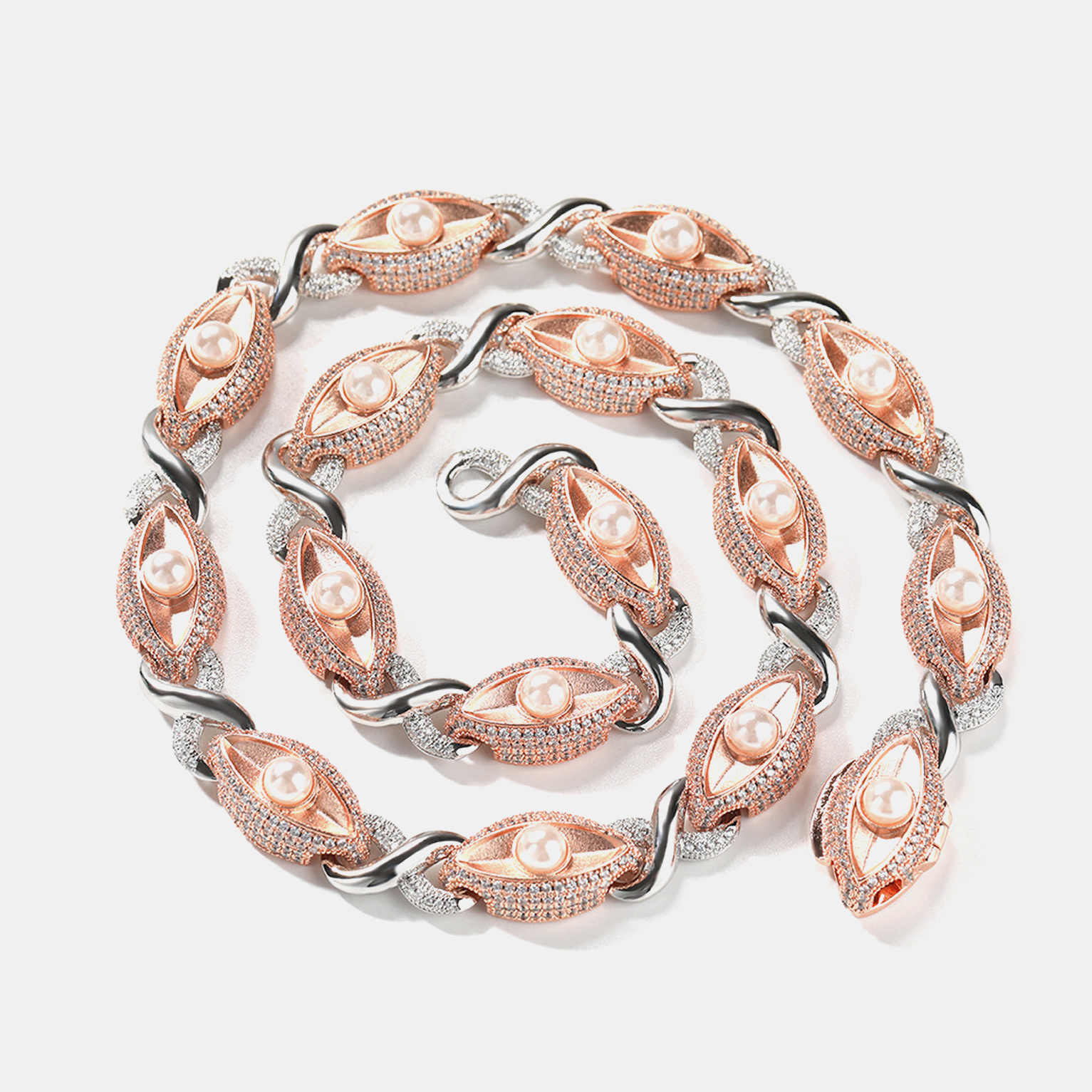 Iced Sandblasted Pearl Evil Eye Link Chain - White Gold
