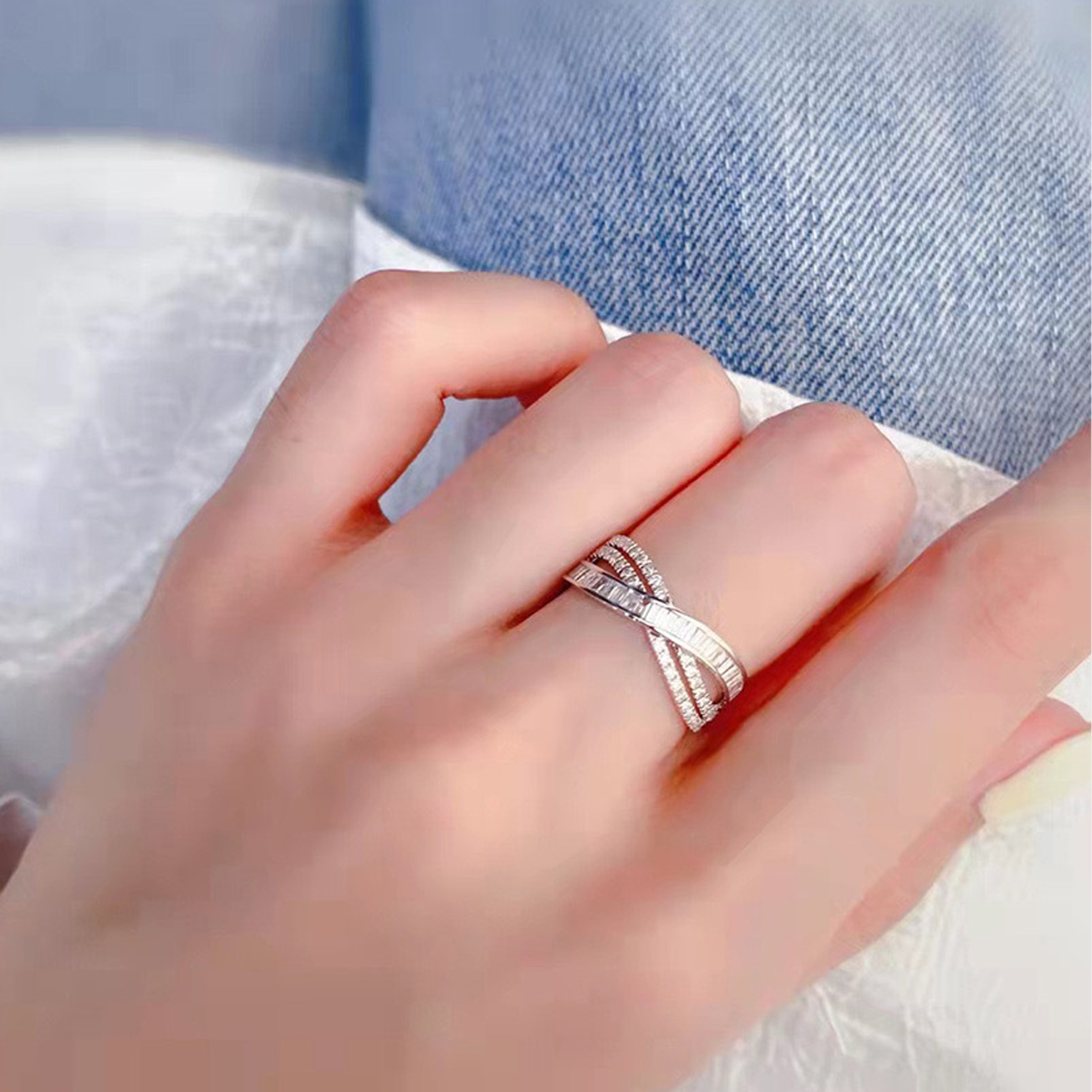 Iced Crossover Ring - White Gold