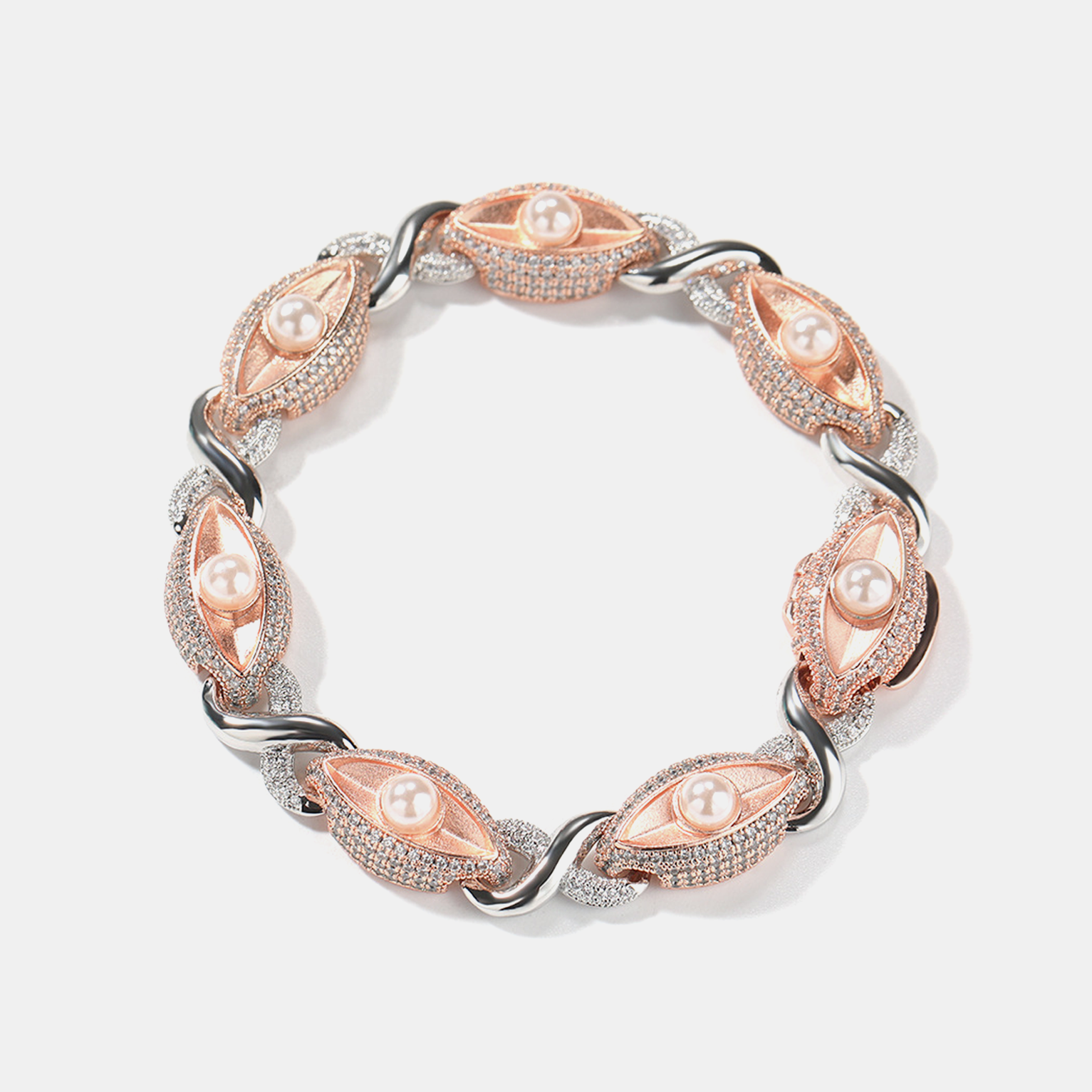 Iced Sandblasted Pearl Evil Eye Bracelet - White Gold