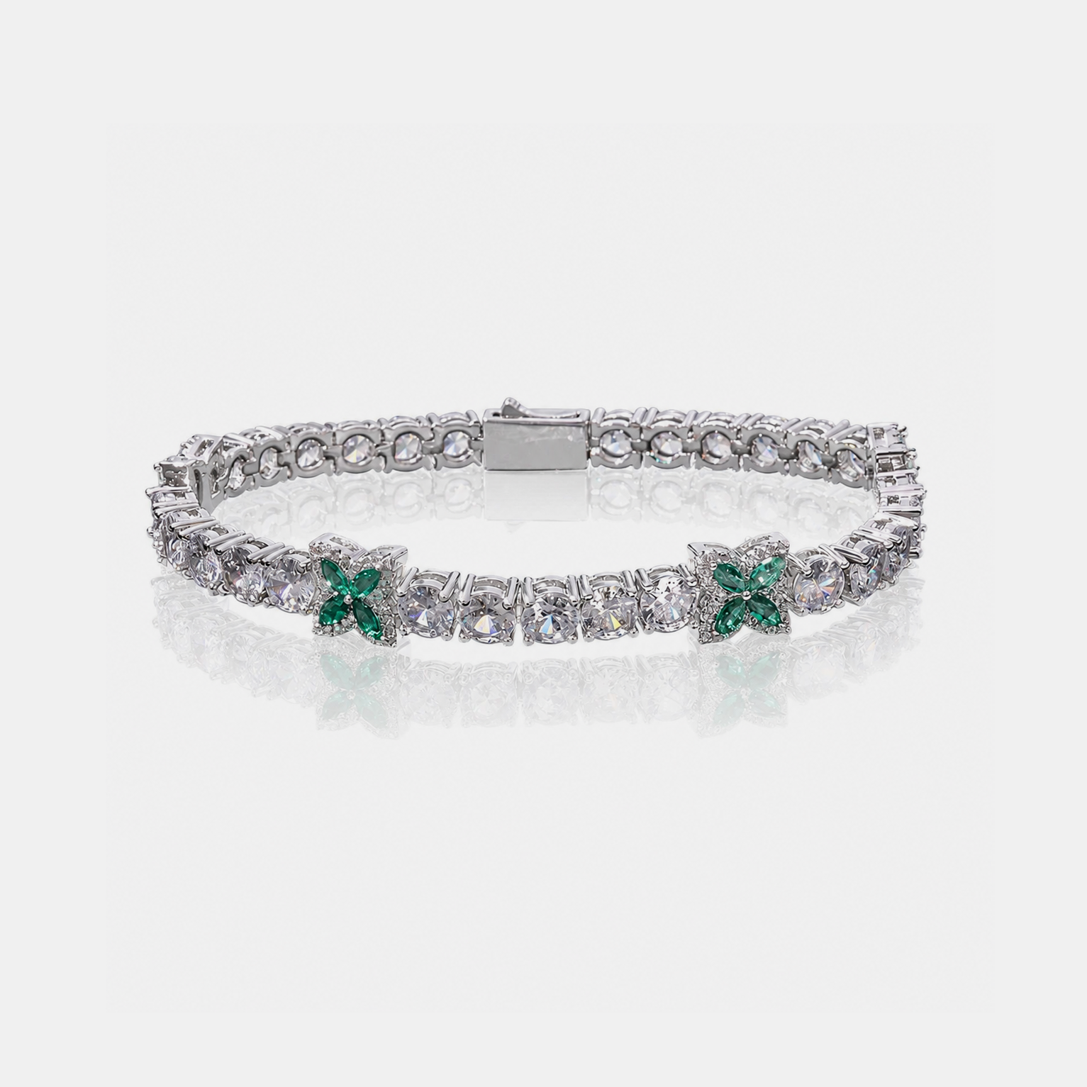 Iced Emerald Clover Tennis Link Bracelet - White Gold