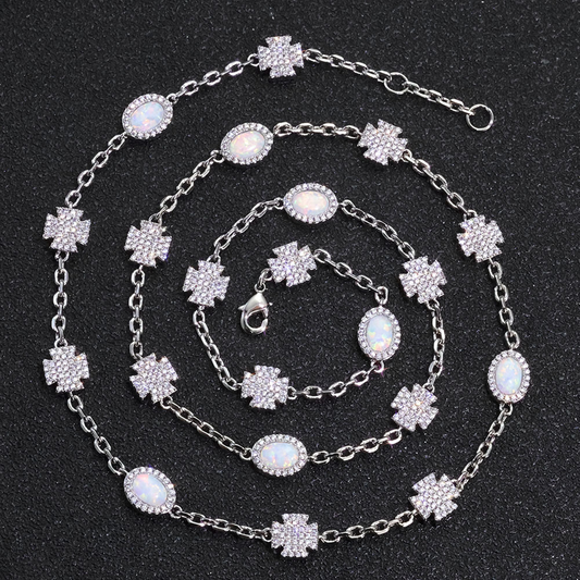 Cross Halo Pearl Link Chain - White Gold