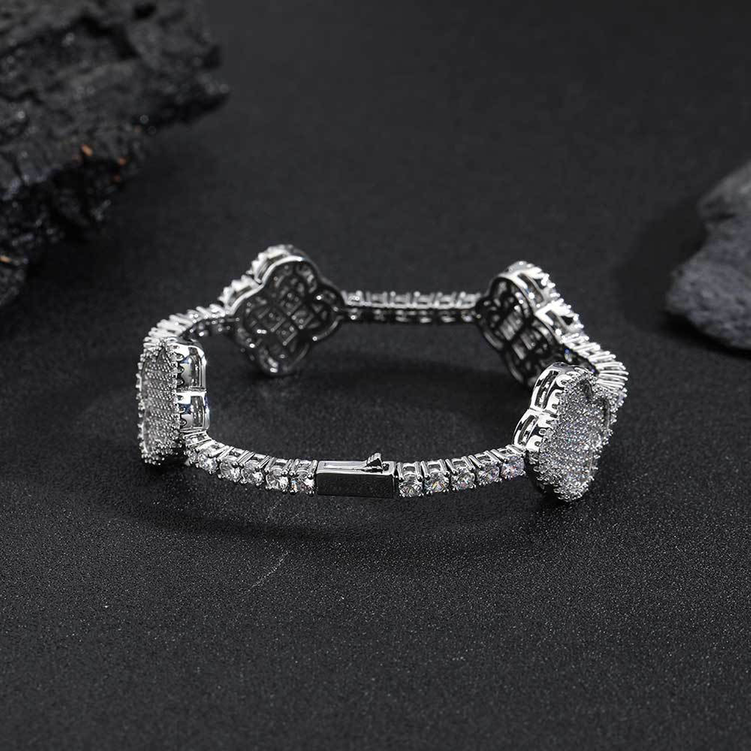 12mm Clover Tennis Link Bracalet - White Gold