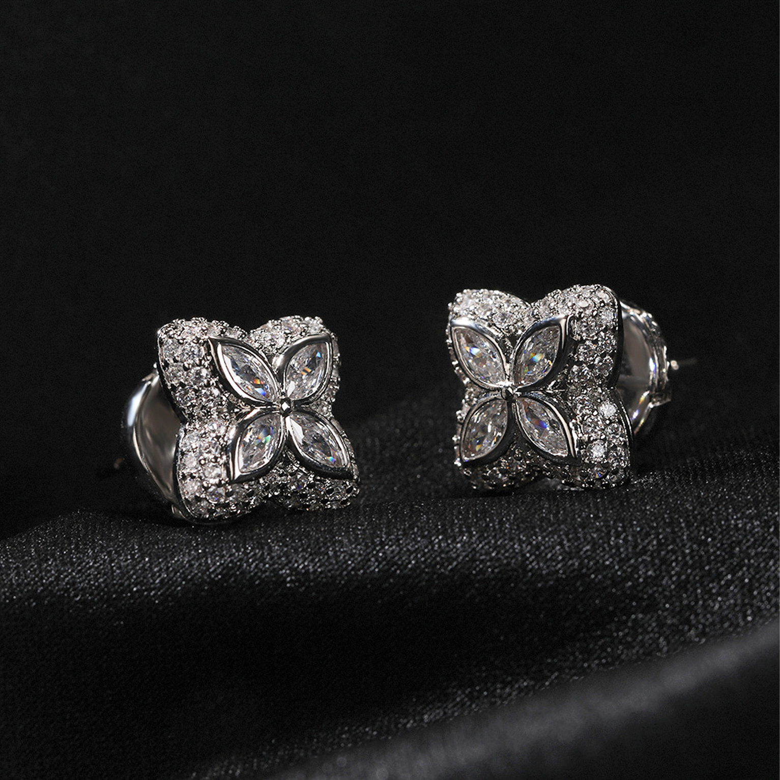 Iced Luminous Clover Earrings - White Gold