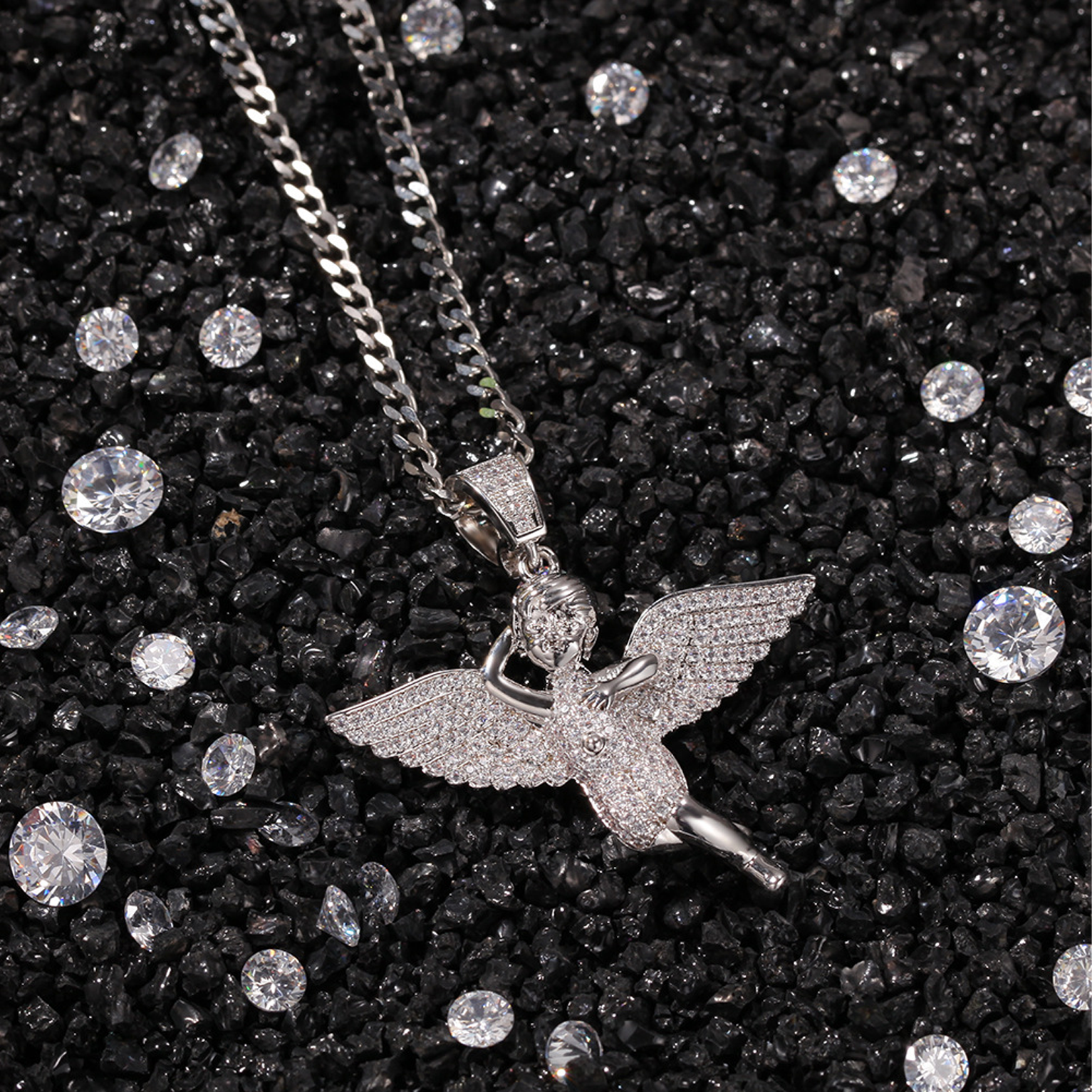 Iced Winged Angel Pendant - White Gold