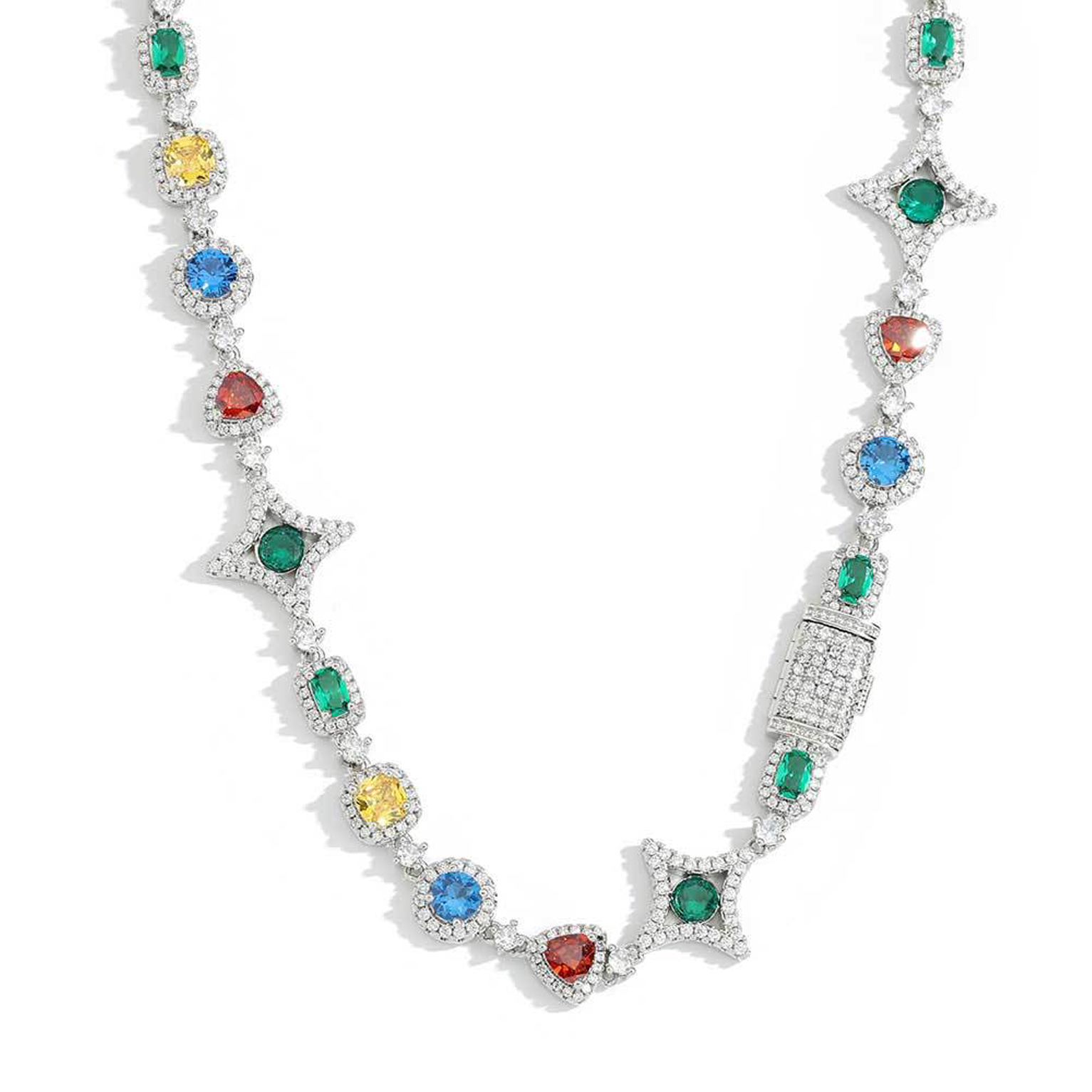 10mm Multicolor Sparkling Diamond Link Chain - White Gold