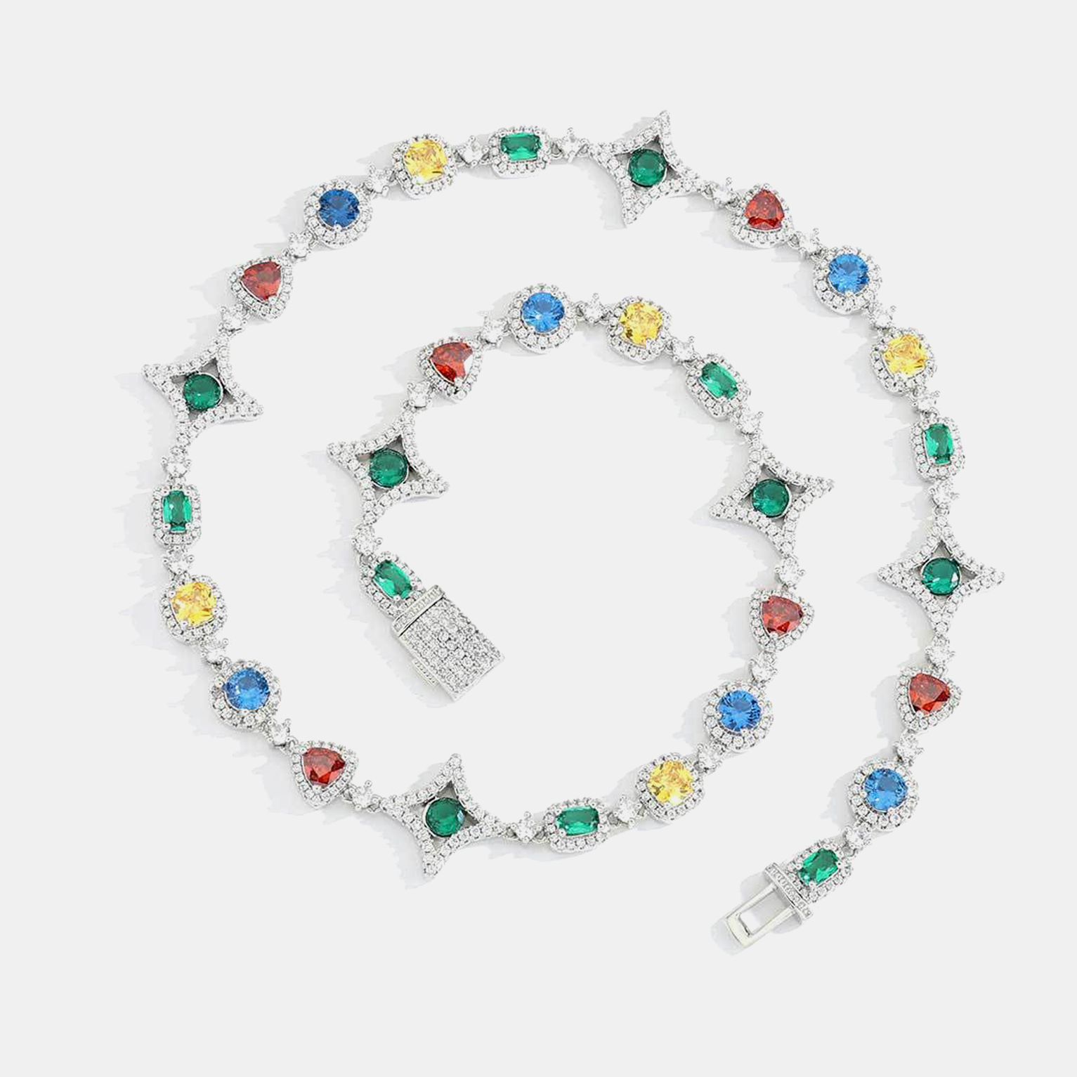 10mm Multicolor Sparkling Diamond Link Chain - White Gold