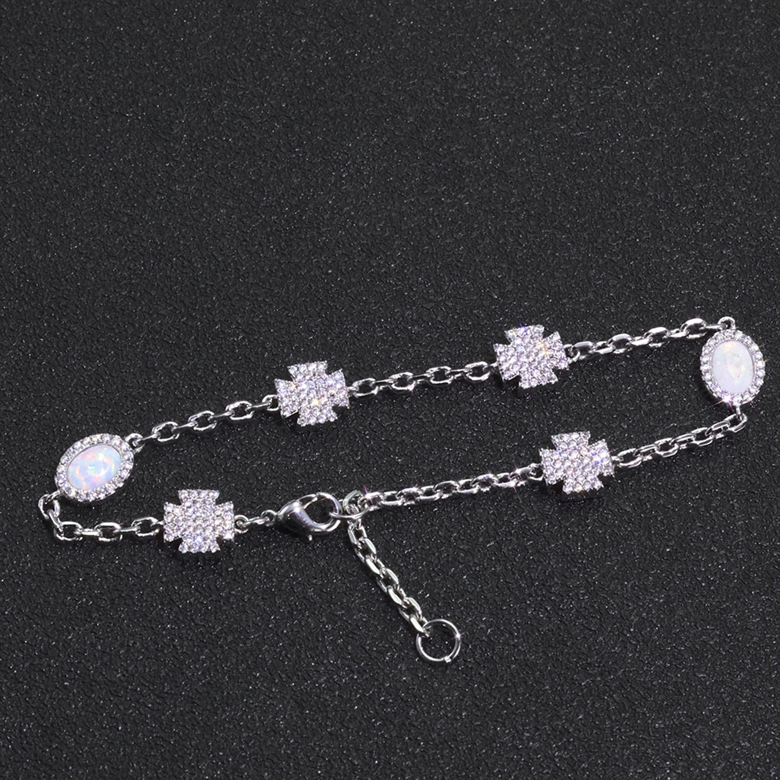 Cross Halo Pearl Link Bracelet - White Gold