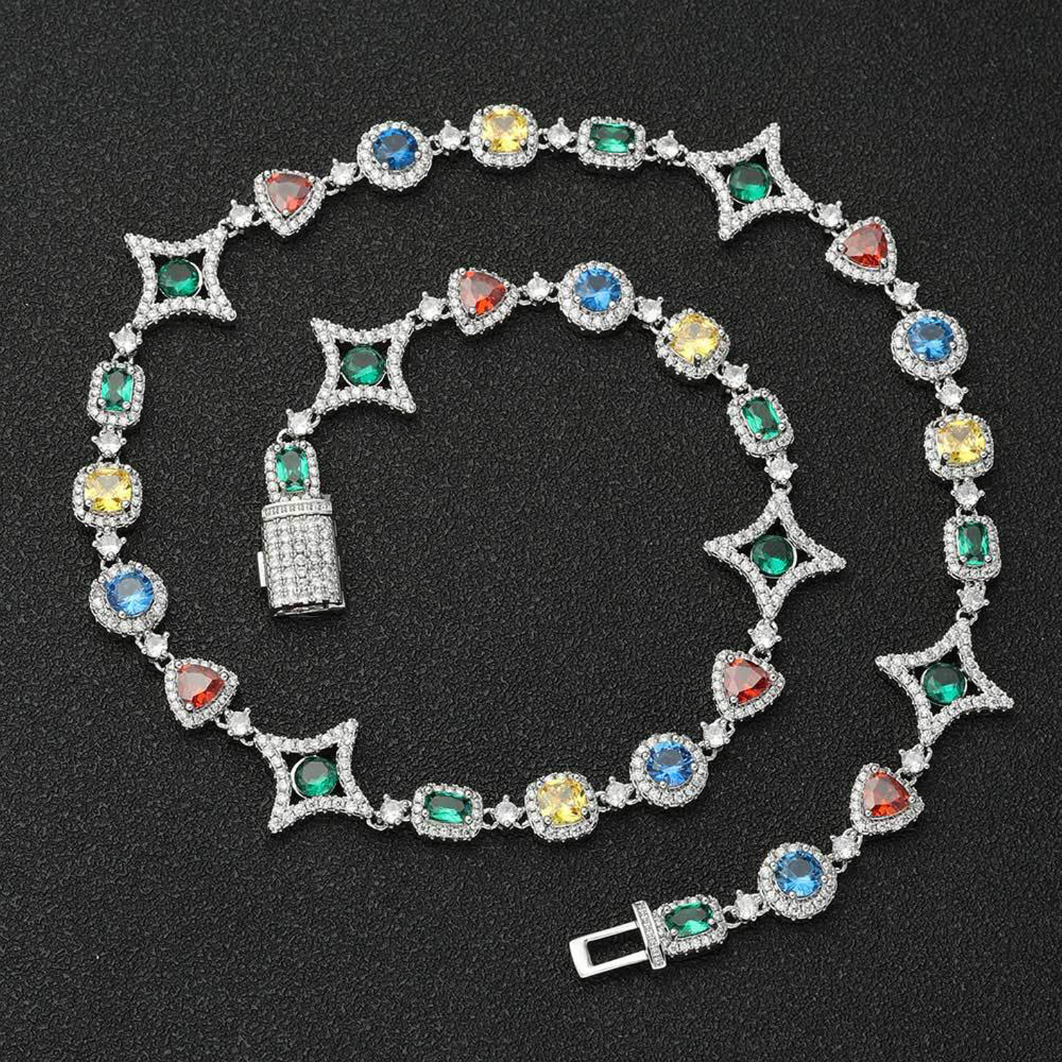 10mm Multicolor Sparkling Diamond Link Chain - White Gold
