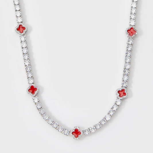 8mm Clover Tennis Link Chain  - Red & White Gold (Preorder)