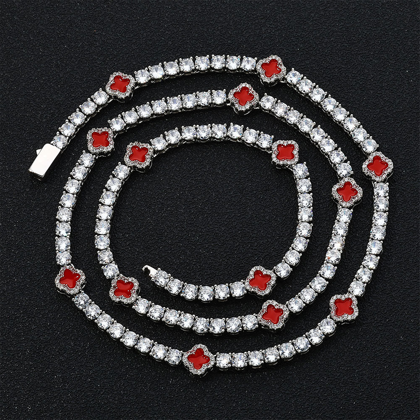8mm Clover Tennis Link Chain  - Red & White Gold (Preorder)