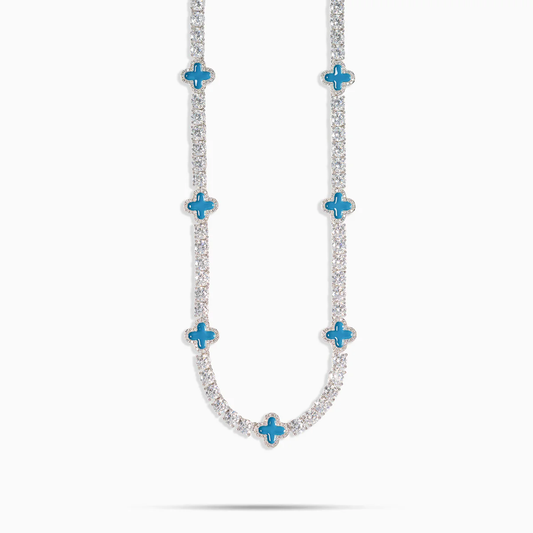 8mm Clover Tennis Link Chain  - Blue & White Gold