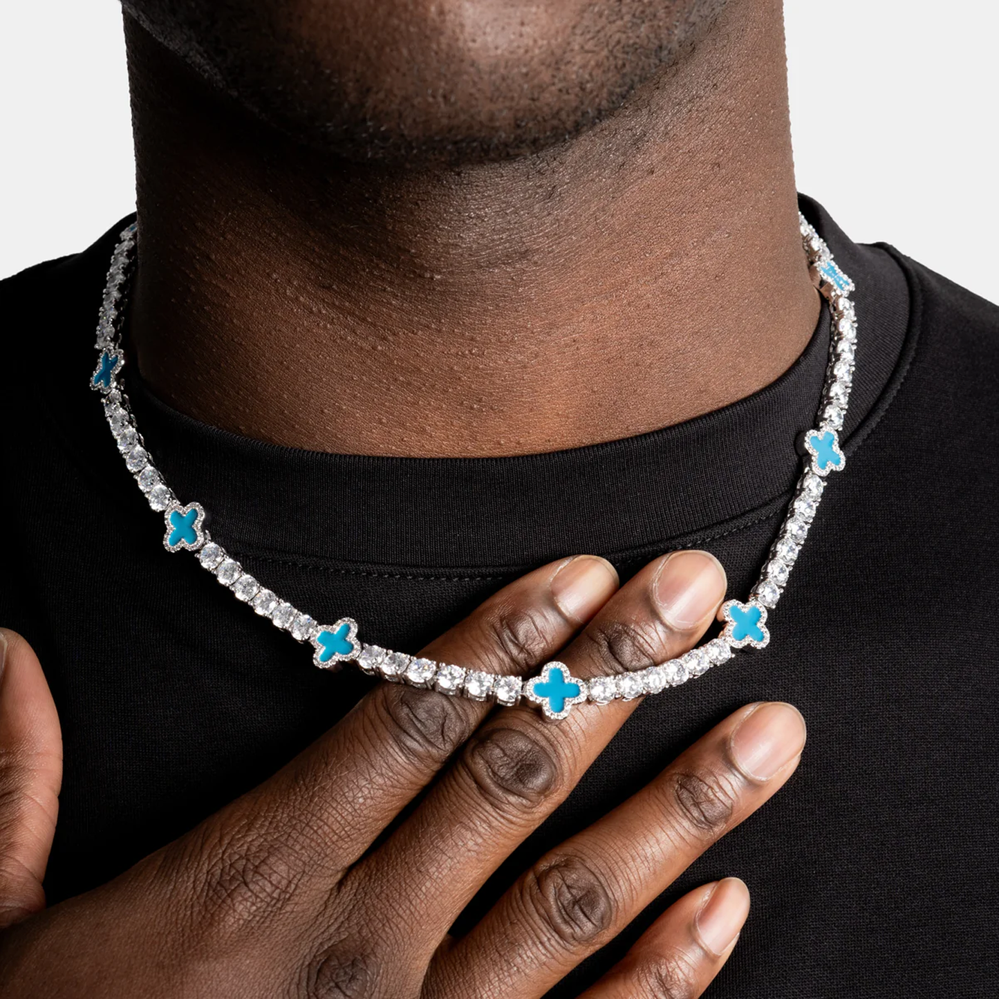 8mm Clover Tennis Link Chain  - Blue & White Gold