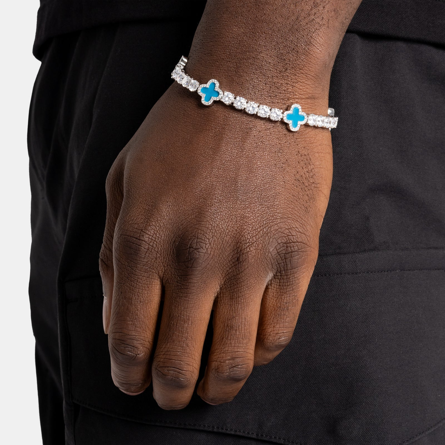 8mm Clover Tennis Link Bracelet - Blue & White Gold