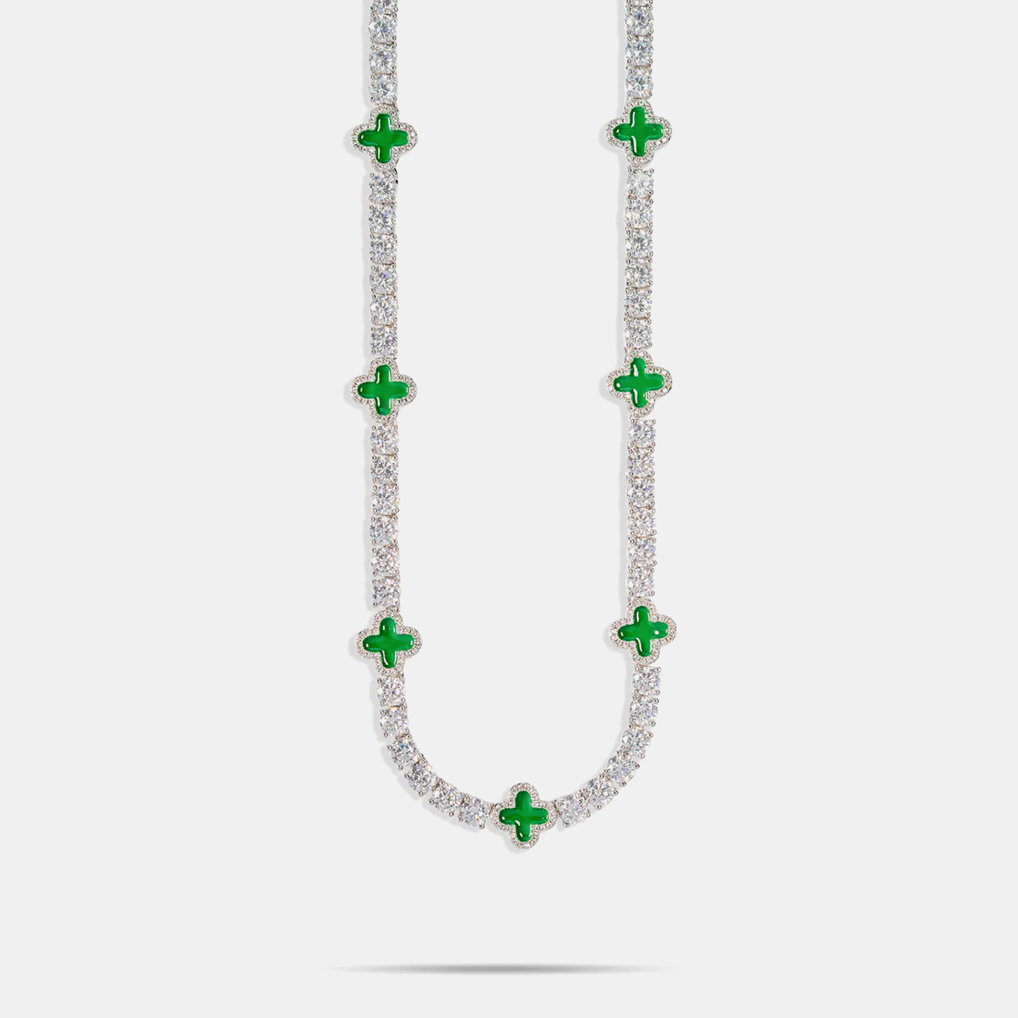 8mm Clover Tennis Link Chain  - Green & White Gold