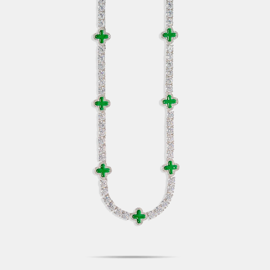 8mm Clover Tennis Link Chain  - Green & White Gold