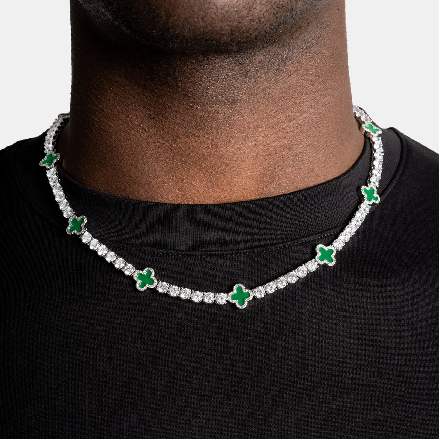 8mm Clover Tennis Link Chain  - Green & White Gold