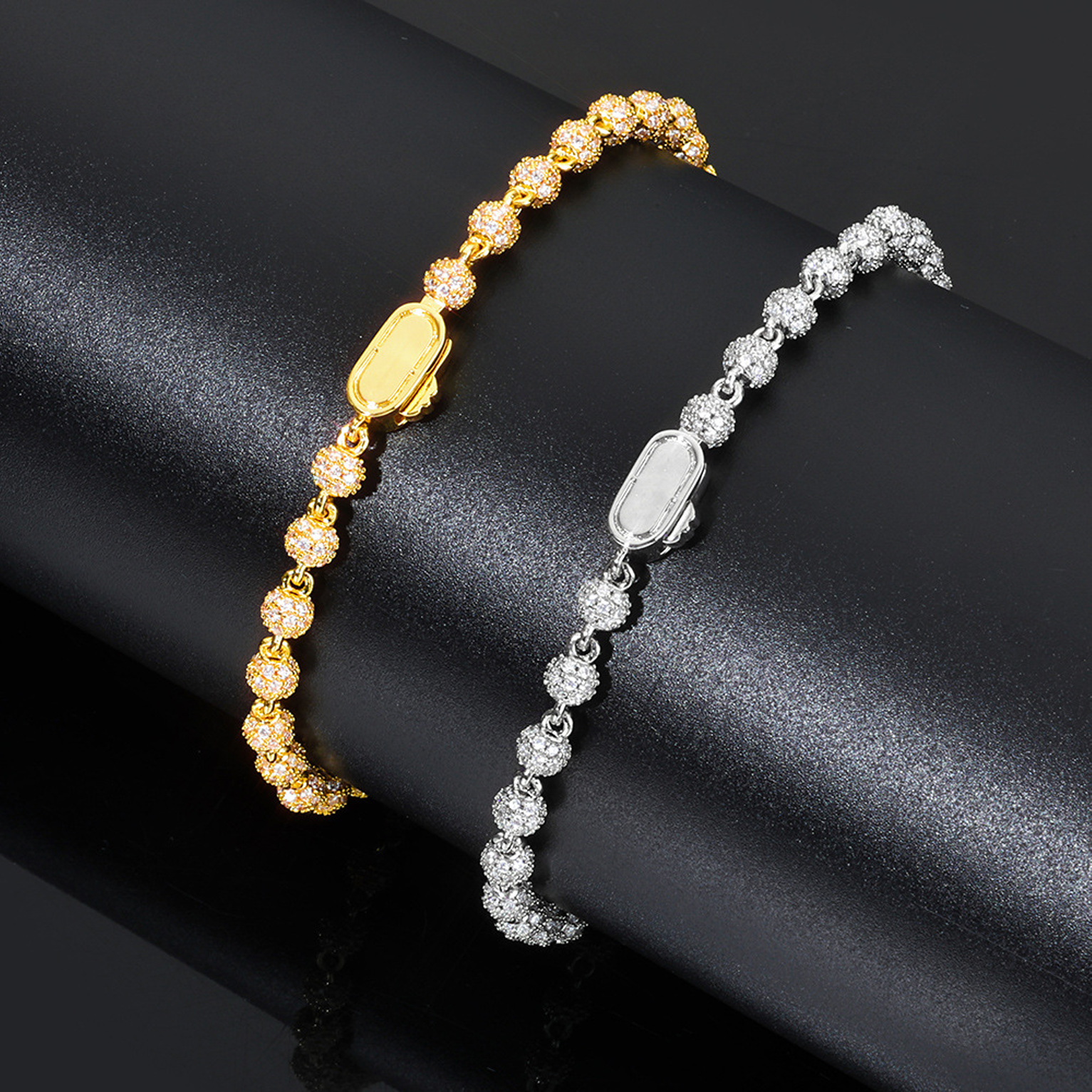 4mm Iced Round Tennis Bead Link Bracelet - White Gold