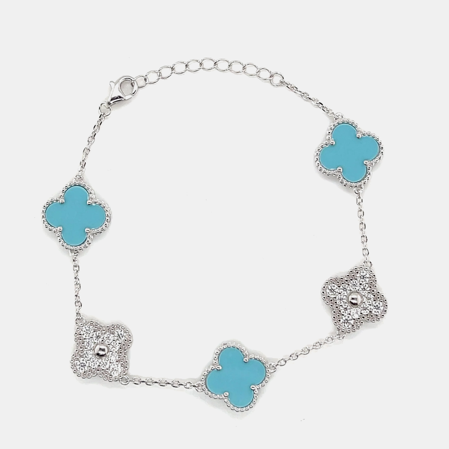 Silver Clover Bracelet - White Gold & Tiffany Blue