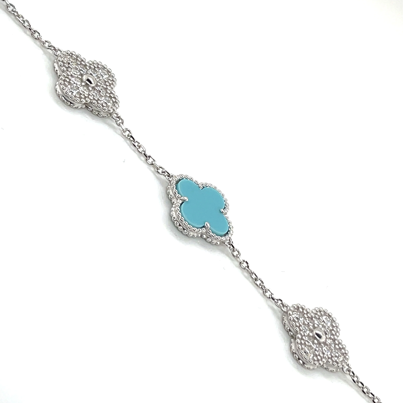 Silver Clover Bracelet - White Gold & Tiffany Blue