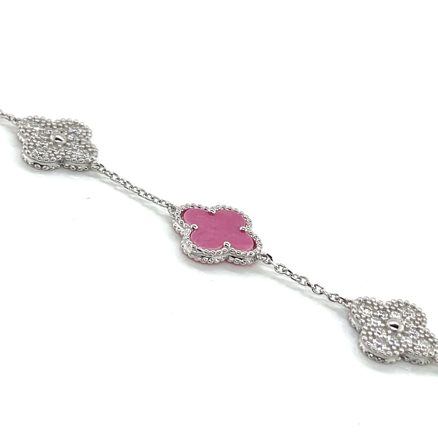 Silver Clover Bracelet - White Gold & Pink