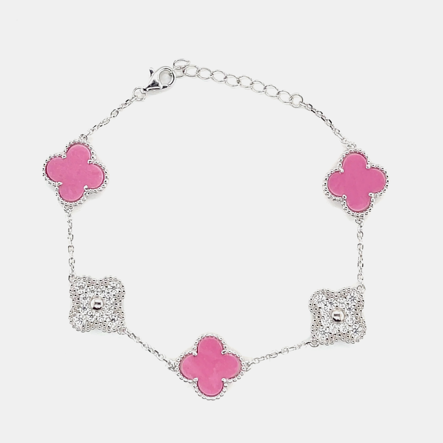 Silver Clover Bracelet - White Gold & Pink