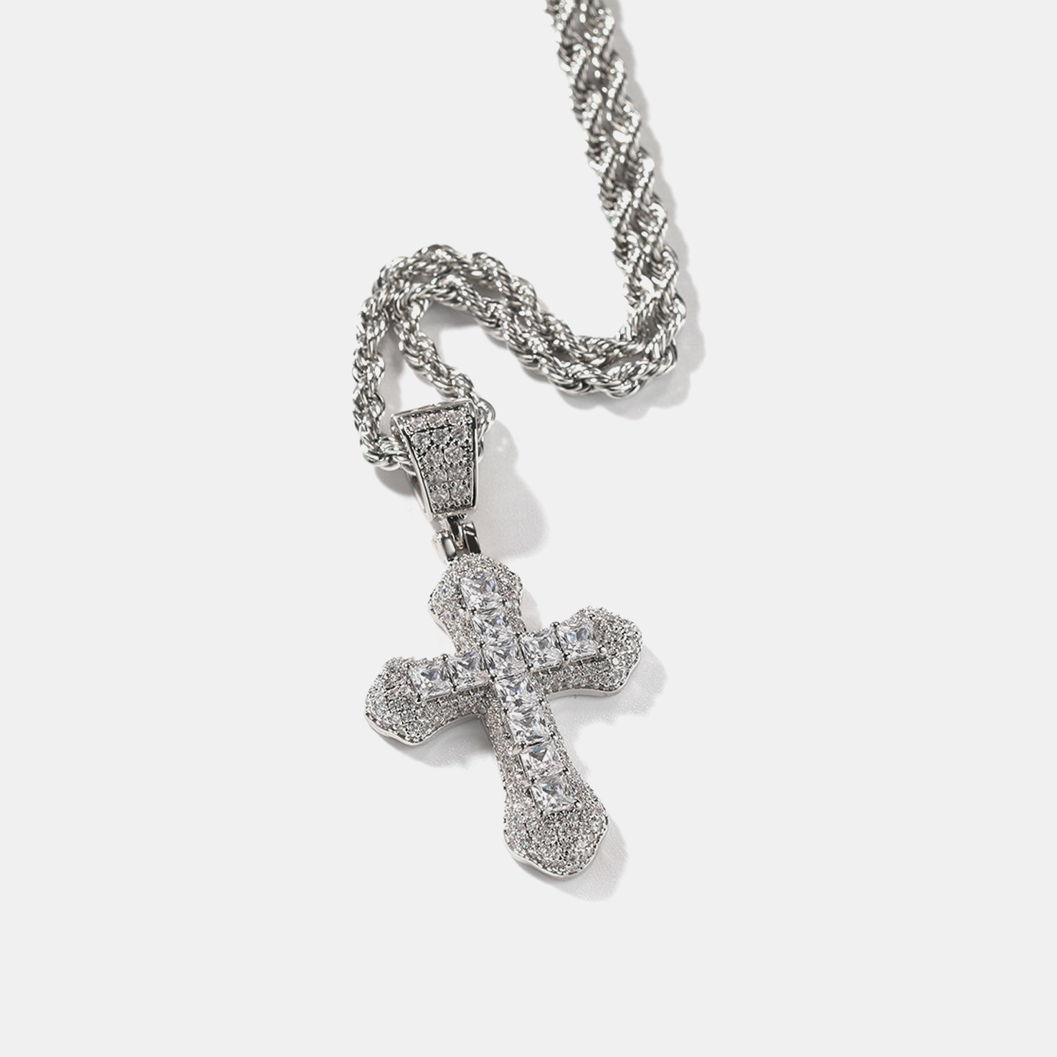 Iced Cluster Cross Pendant - White Gold