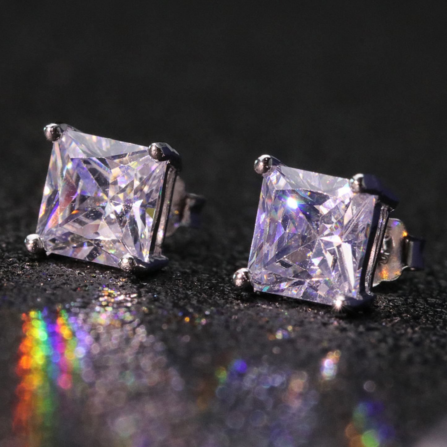 7mm Iced Square Earrings - White Gold