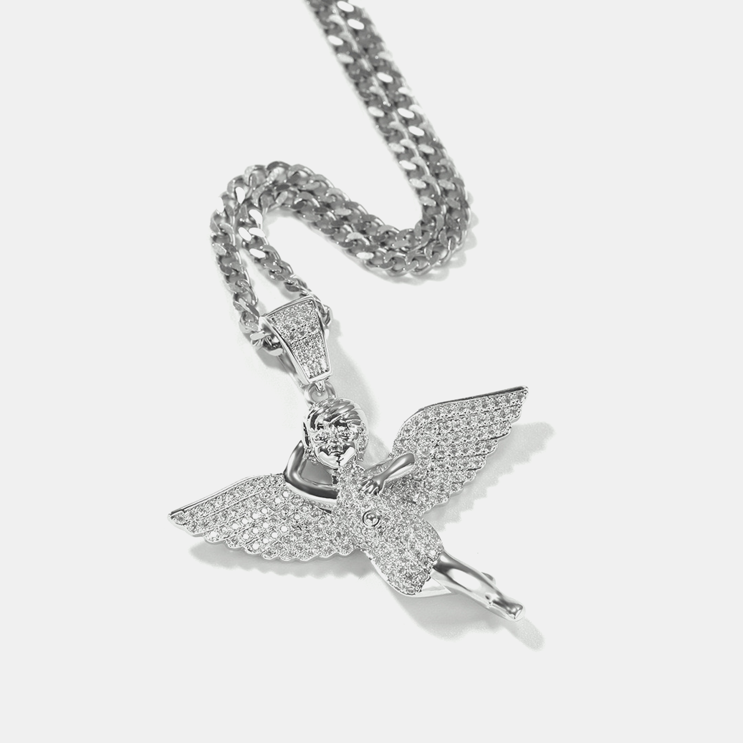 Iced Winged Angel Pendant - White Gold
