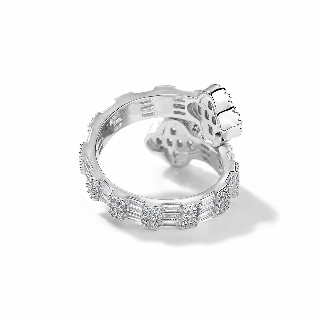 Iced Clover Baguette Ring - White Gold