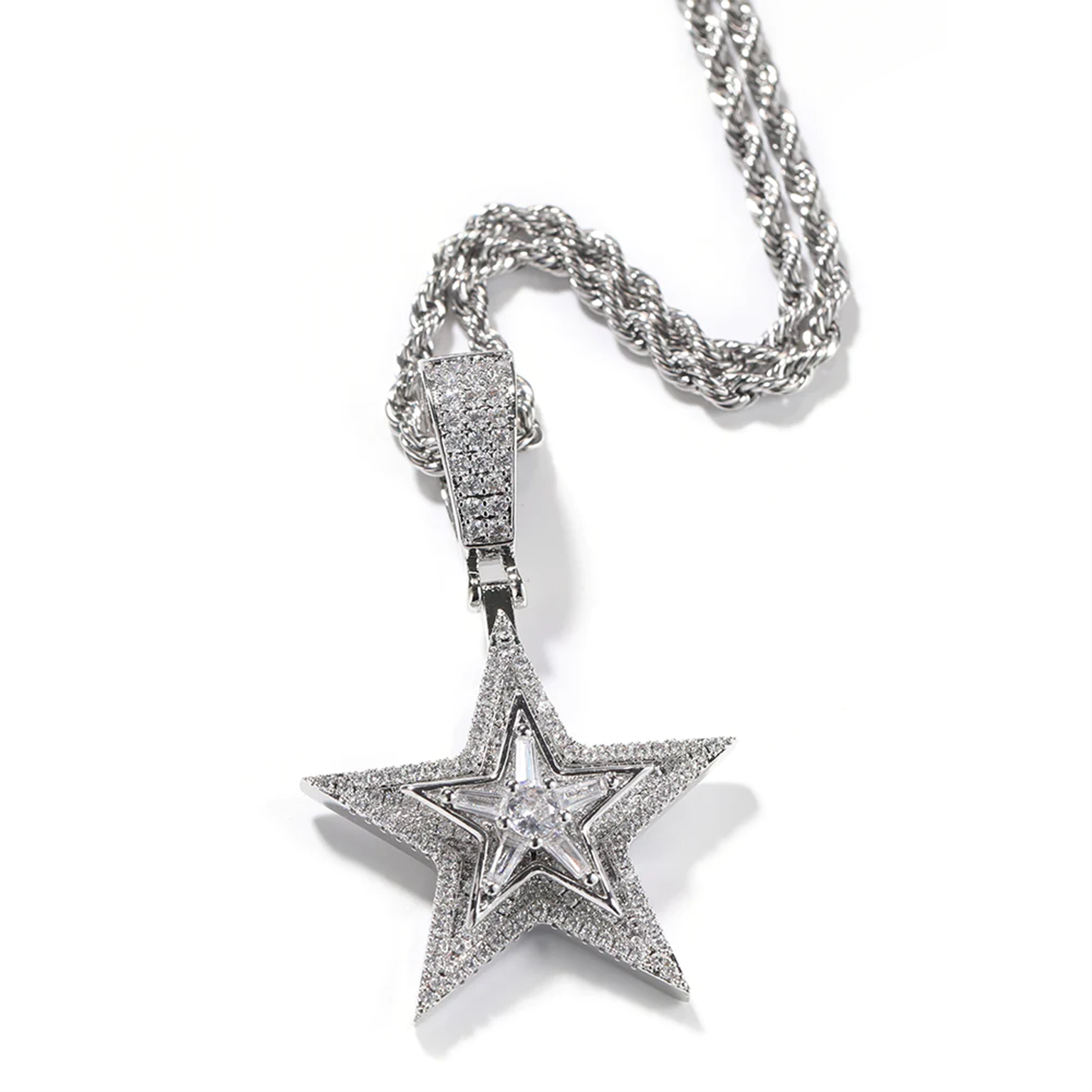 Iced Rotating Pentagram Cz Pendant - White Gold