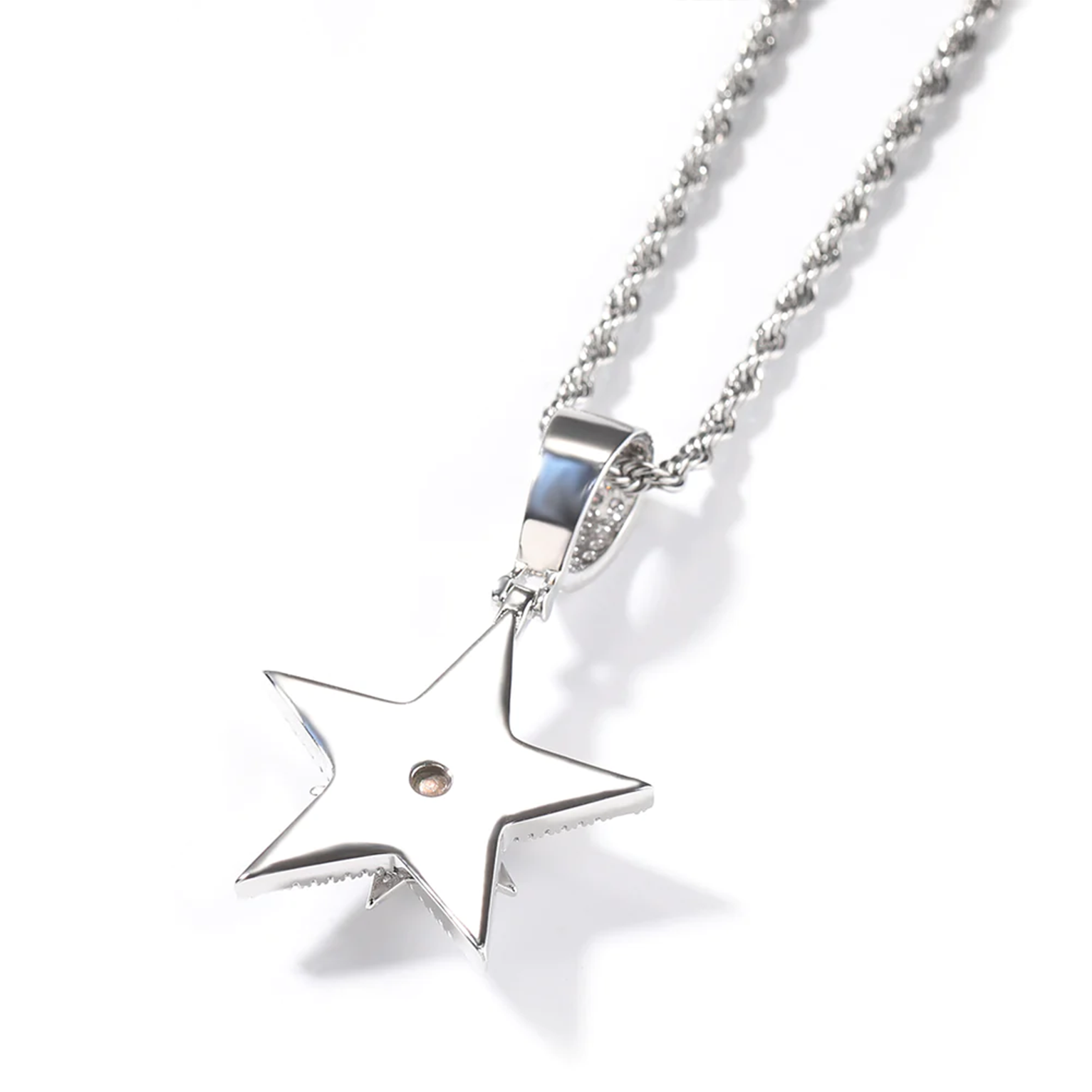 Iced Rotating Pentagram Cz Pendant - White Gold
