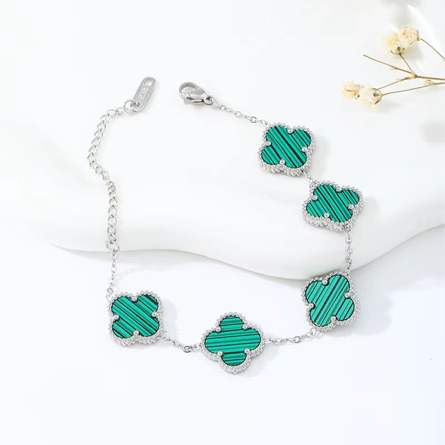 Silver Clover Bracelet - Green