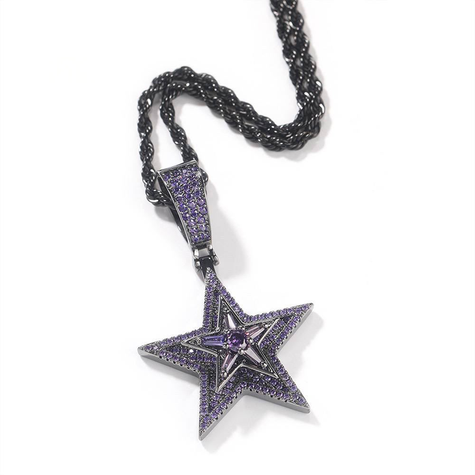 Iced Rotating Pentagram Cz Pendant - Black Gold
