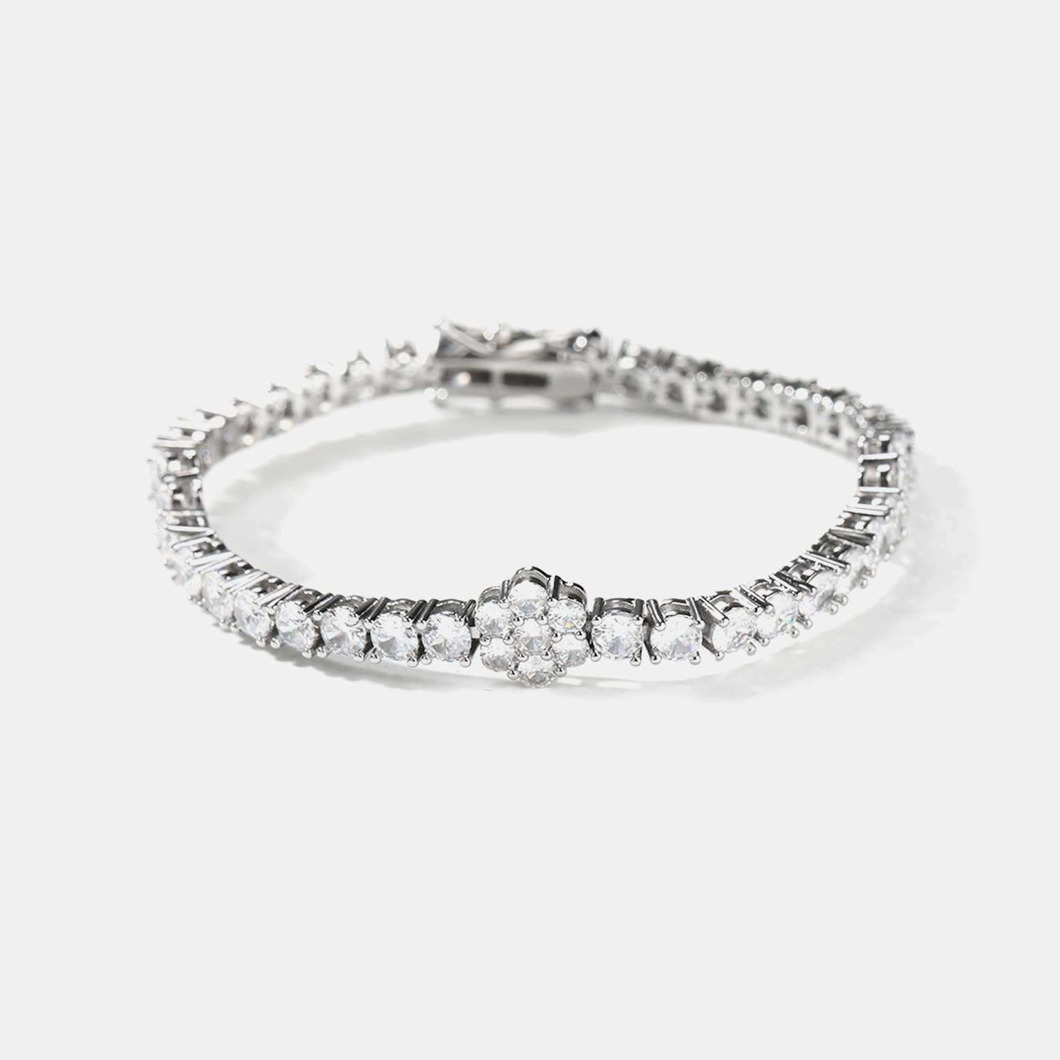 Iced Flower Tennis Link Bracelet - White Gold